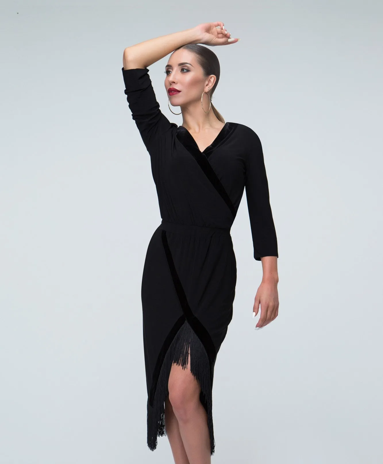 Black Practice Dress with Fringe Hem, Long Sleeves, and Velvet Accent Detail Pra301