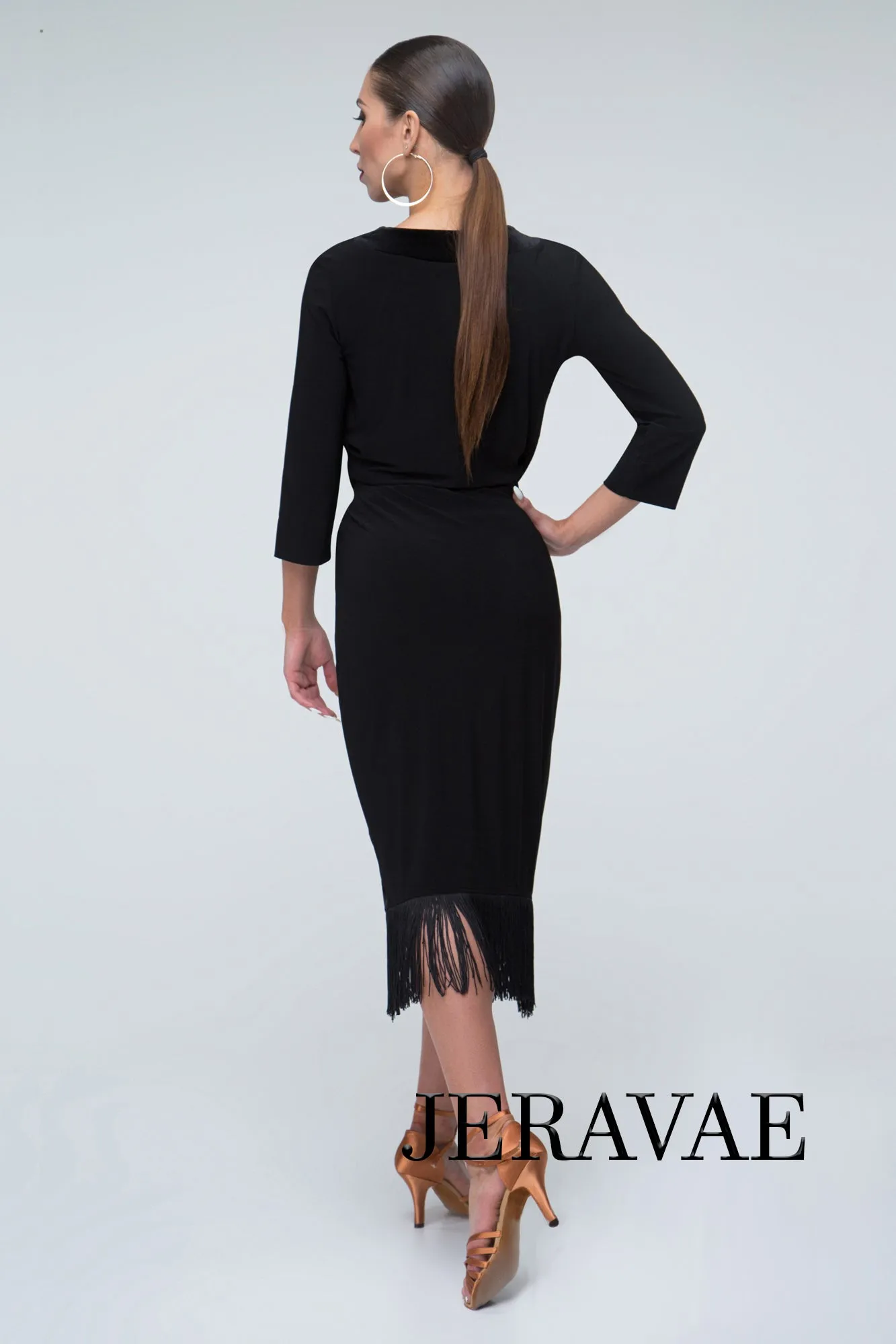 Black Practice Dress with Fringe Hem, Long Sleeves, and Velvet Accent Detail Pra301