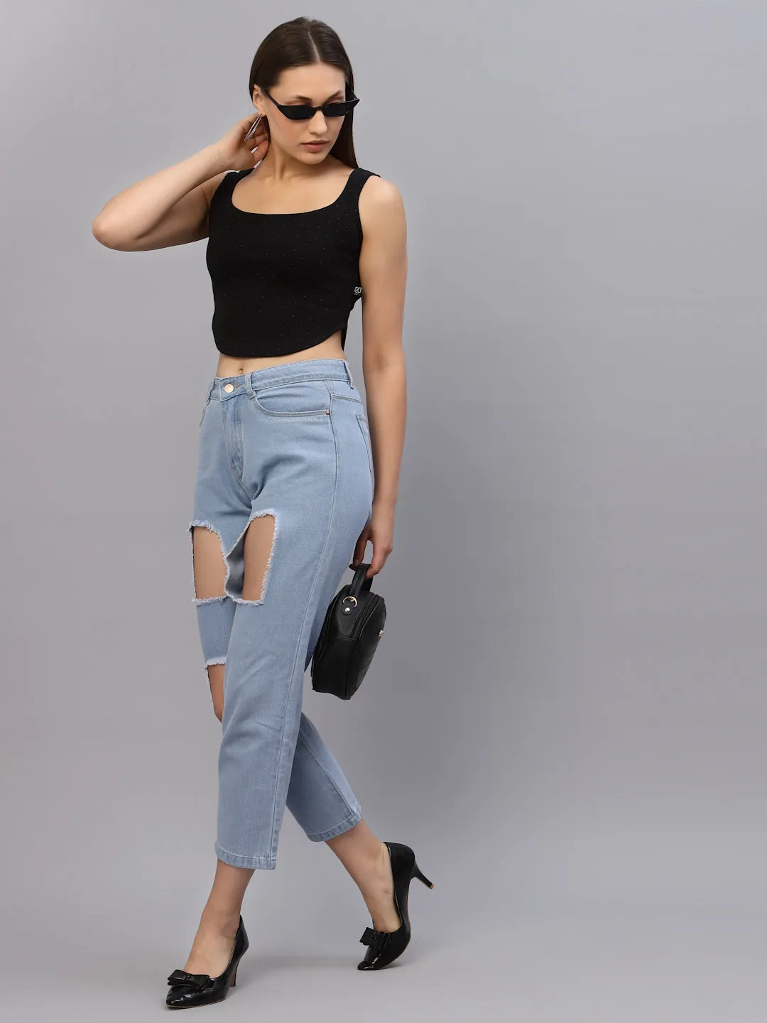 Black Self Texture Sleeveless Crop Top