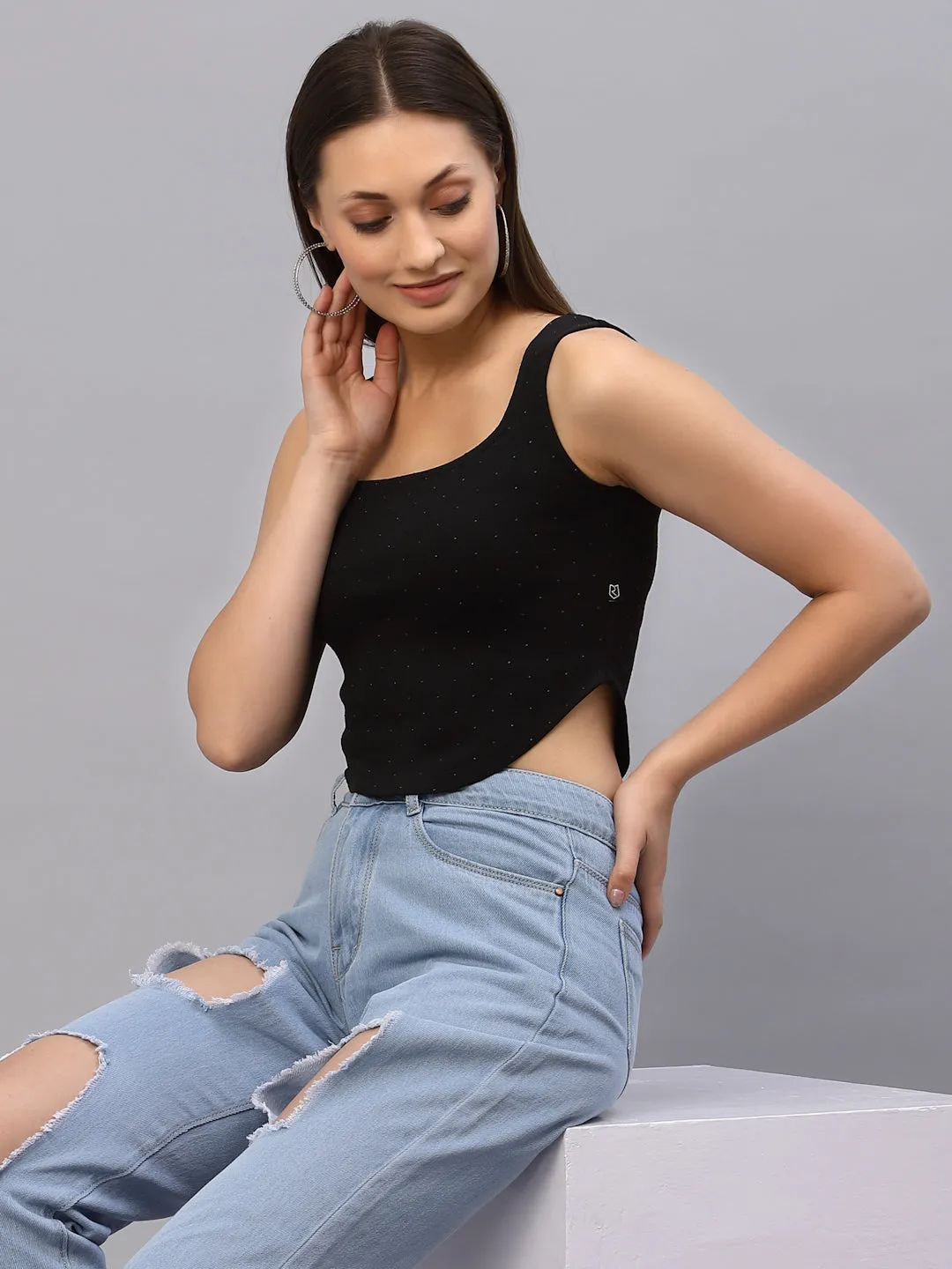 Black Self Texture Sleeveless Crop Top