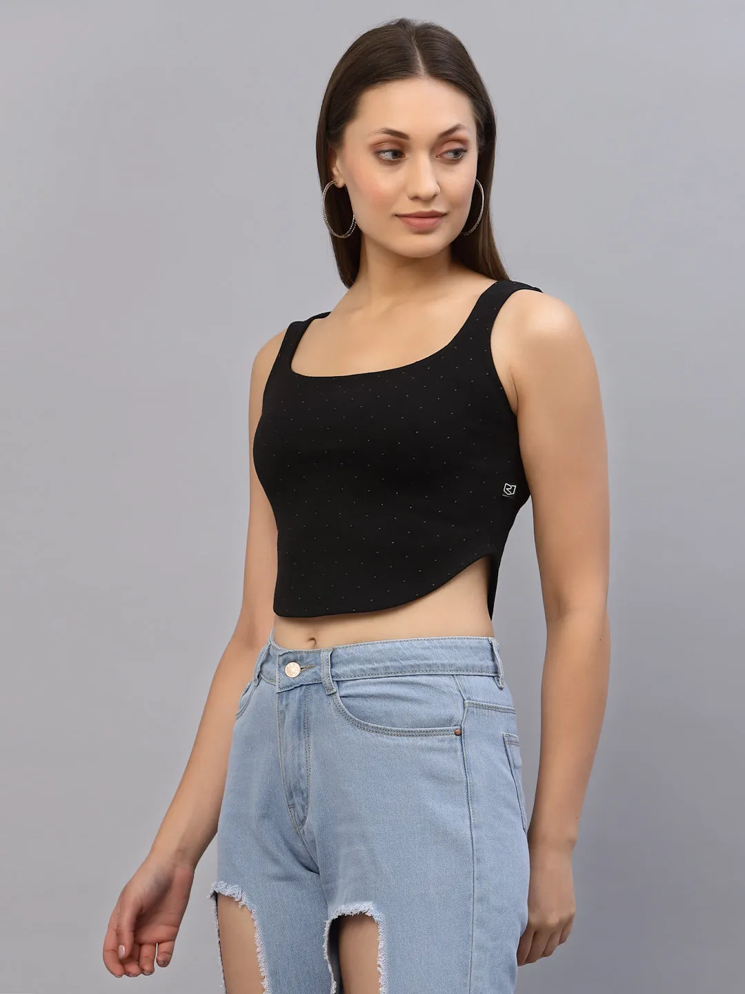 Black Self Texture Sleeveless Crop Top