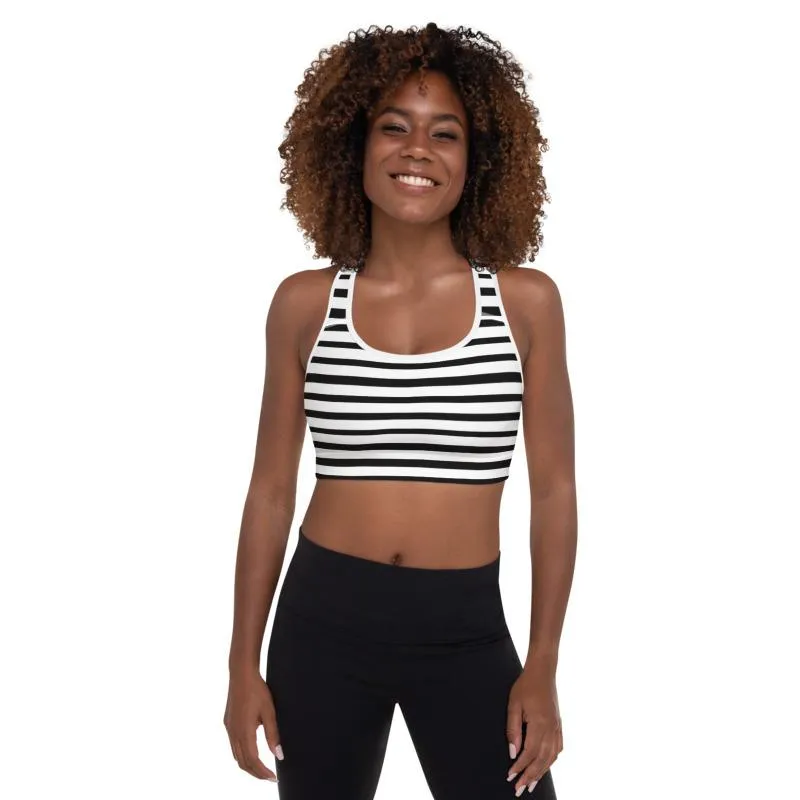 Black Striped Padded Sports Bra, White and Black Horizontal Minimalist Stripe Print Yoga Bra- Made in USA/ EU/ MX