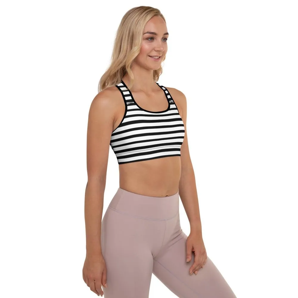 Black Striped Padded Sports Bra, White and Black Horizontal Minimalist Stripe Print Yoga Bra- Made in USA/ EU/ MX