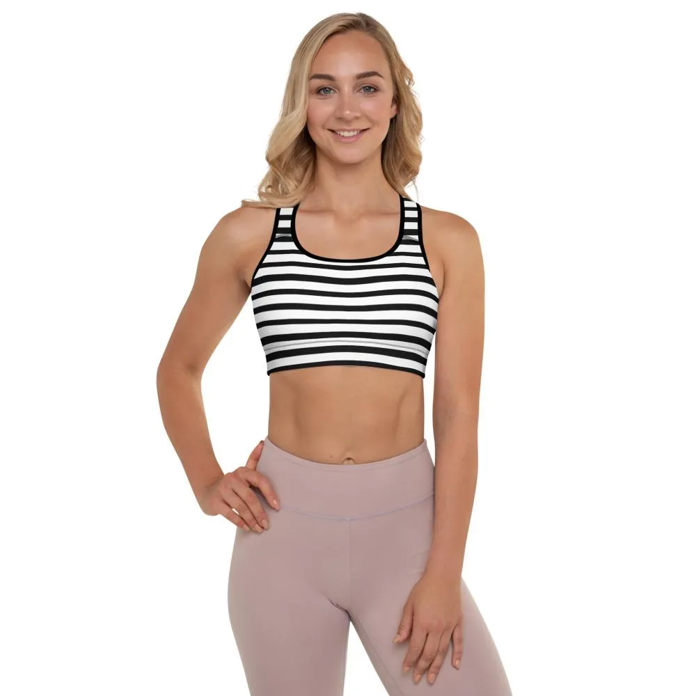 Black Striped Padded Sports Bra, White and Black Horizontal Minimalist Stripe Print Yoga Bra- Made in USA/ EU/ MX