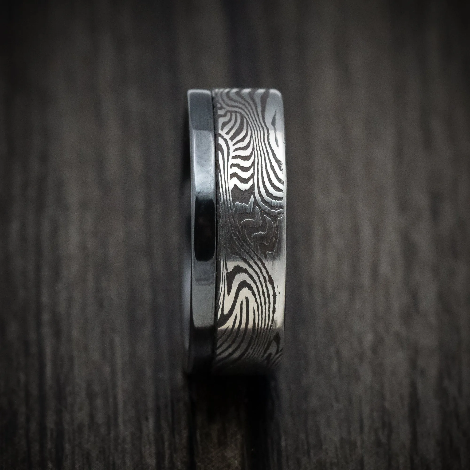 Black Zirconium and Sunset Kuro Damascus Steel Men's Ring Custom Made Band