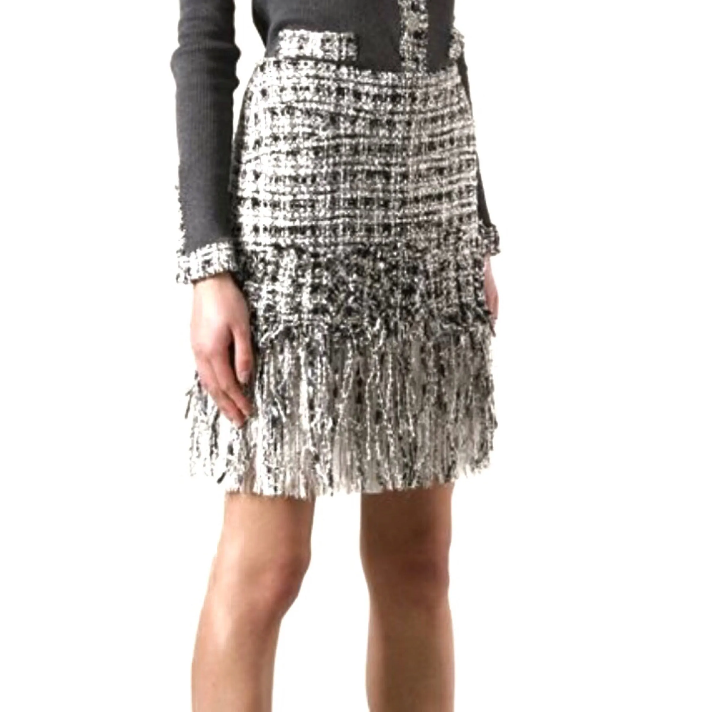 Chanel Black White Fantasy Tweed Fringe Skirt 04P Size US6 | FR36