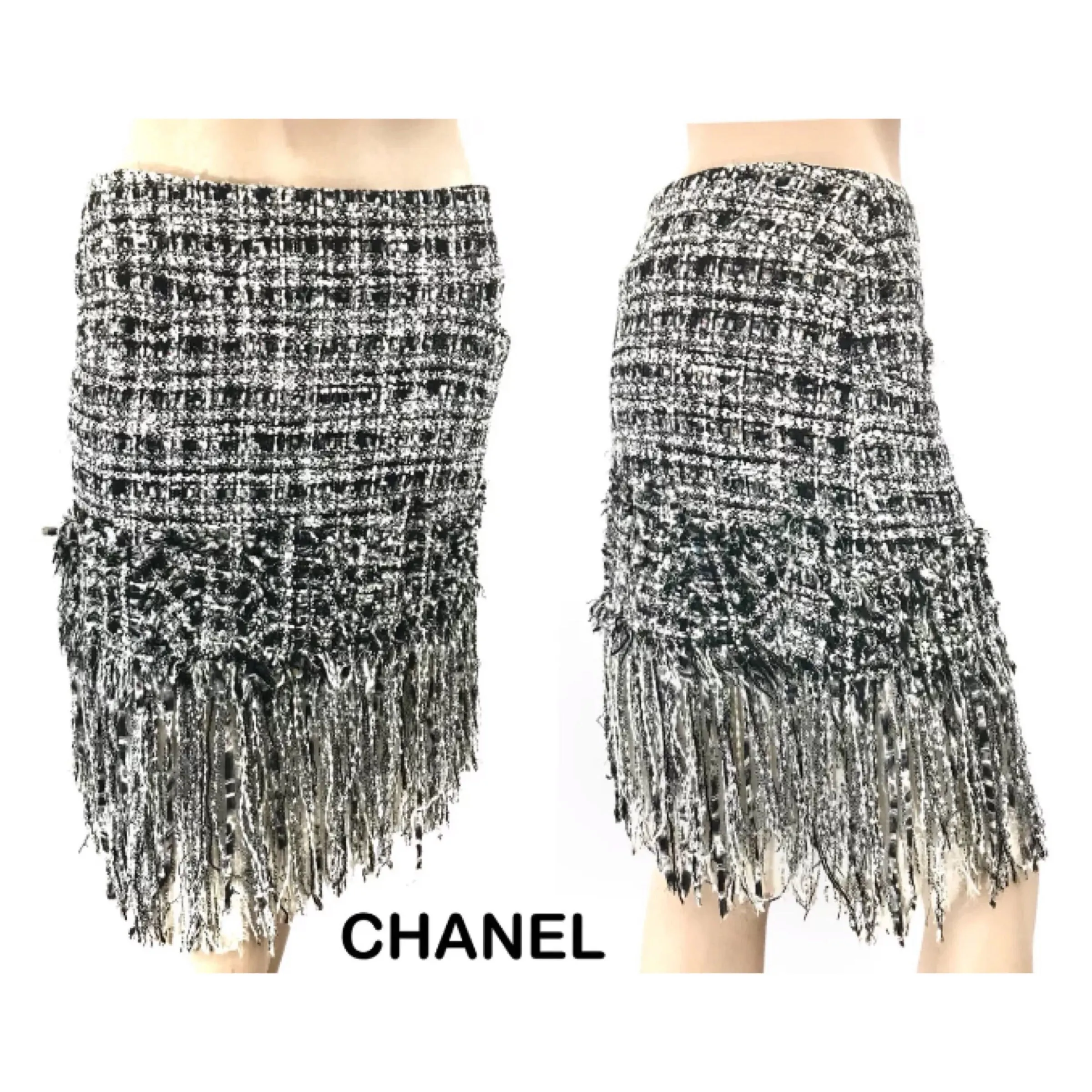 Chanel Black White Fantasy Tweed Fringe Skirt 04P Size US6 | FR36