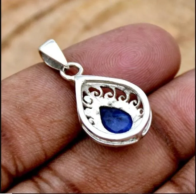 Chunky Indian Sapphire 925 Sterling Silver Pendant,Handmade Jewelry,Anniversary Gift