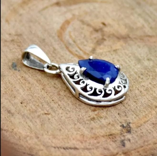 Chunky Indian Sapphire 925 Sterling Silver Pendant,Handmade Jewelry,Anniversary Gift