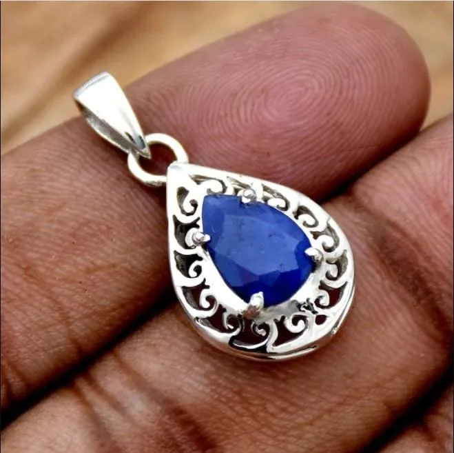 Chunky Indian Sapphire 925 Sterling Silver Pendant,Handmade Jewelry,Anniversary Gift