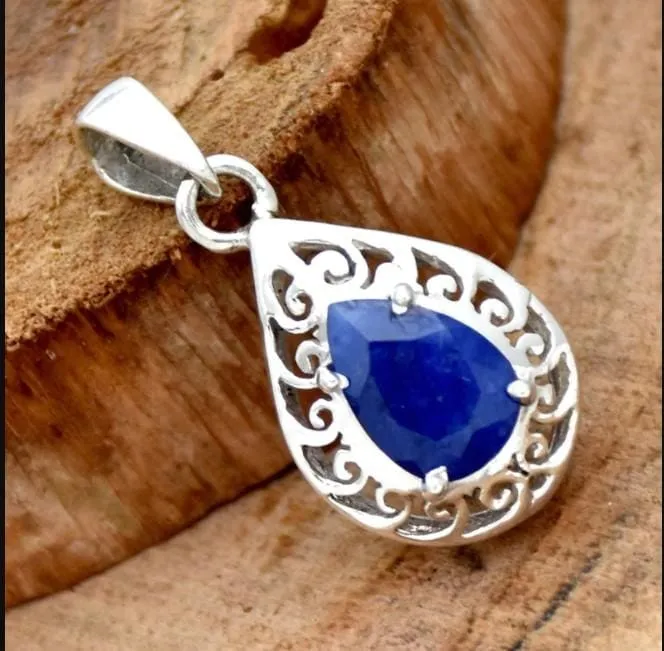 Chunky Indian Sapphire 925 Sterling Silver Pendant,Handmade Jewelry,Anniversary Gift