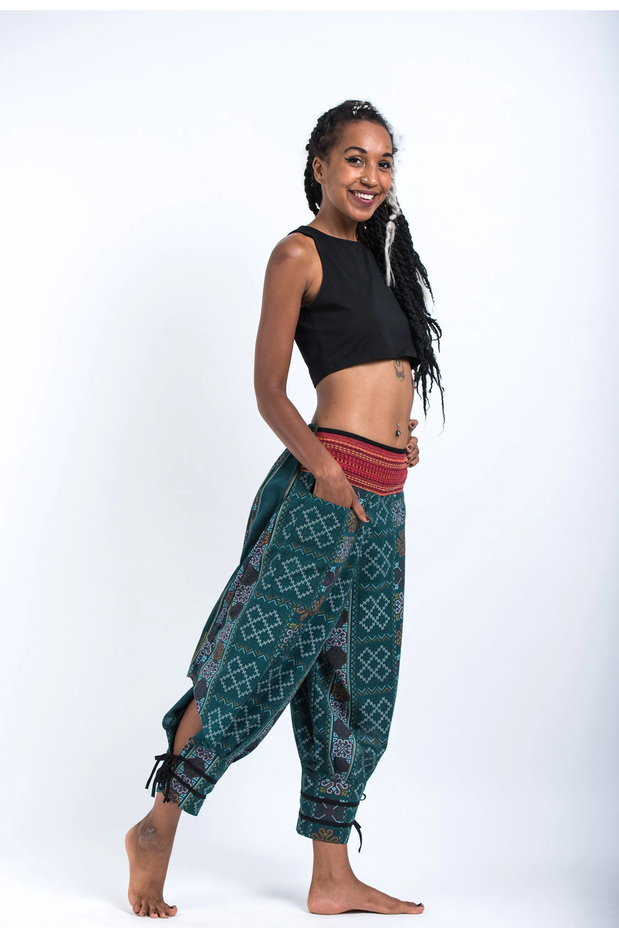 Clovers Thai Hill Tribe Fabric Women's Harem Pants with Ankle Straps in Green