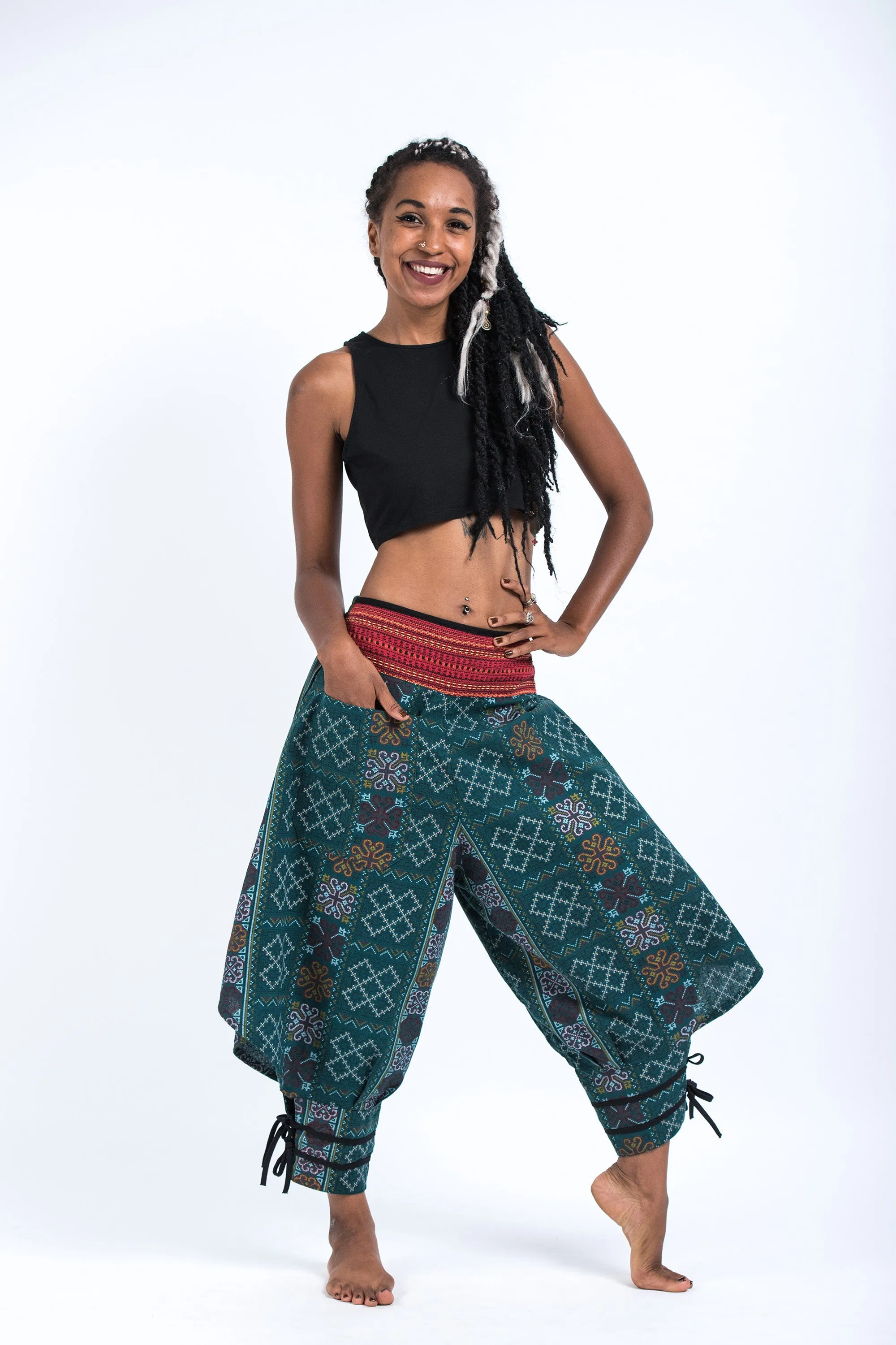 Clovers Thai Hill Tribe Fabric Women's Harem Pants with Ankle Straps in Green