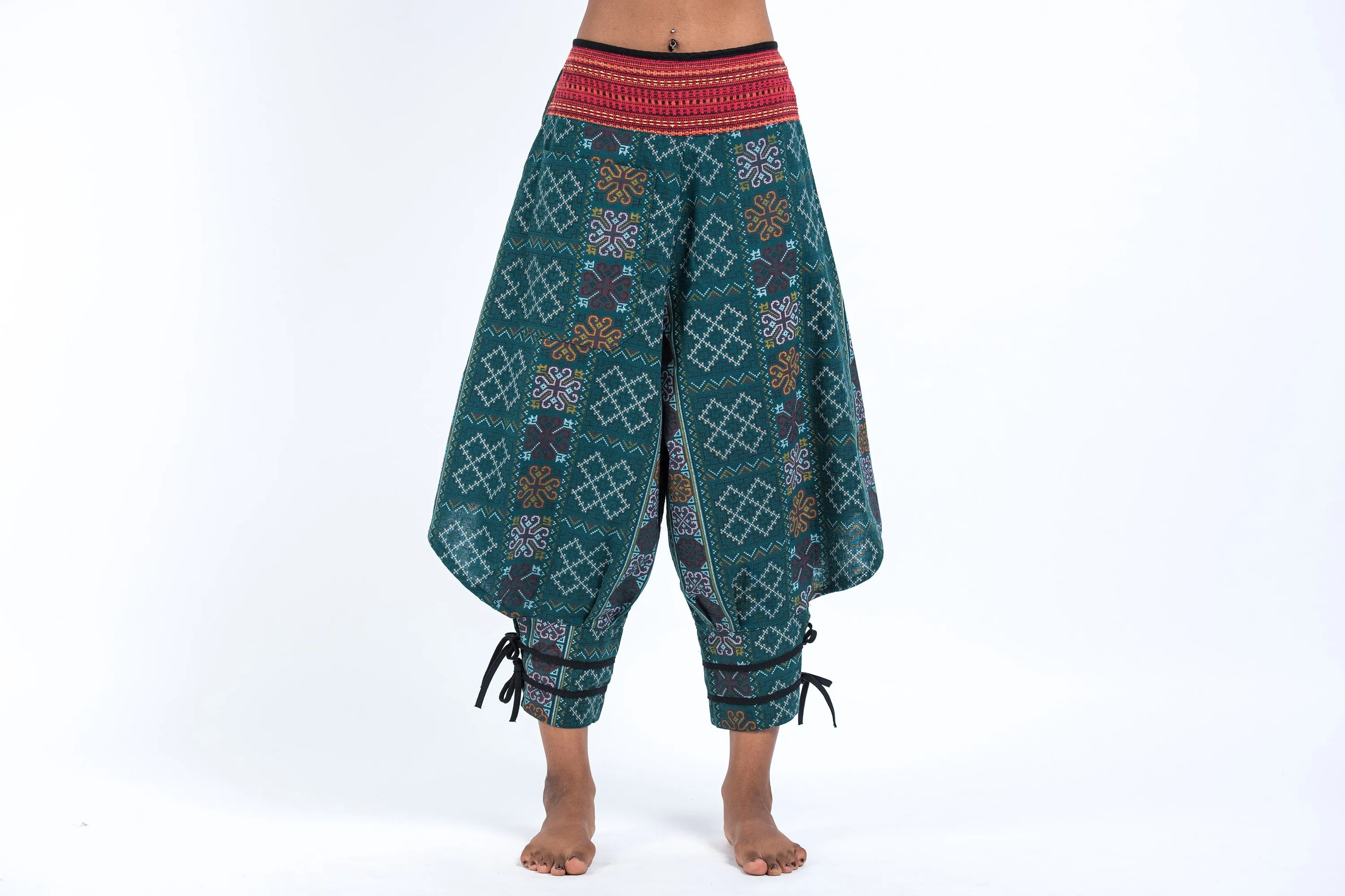 Clovers Thai Hill Tribe Fabric Women's Harem Pants with Ankle Straps in Green