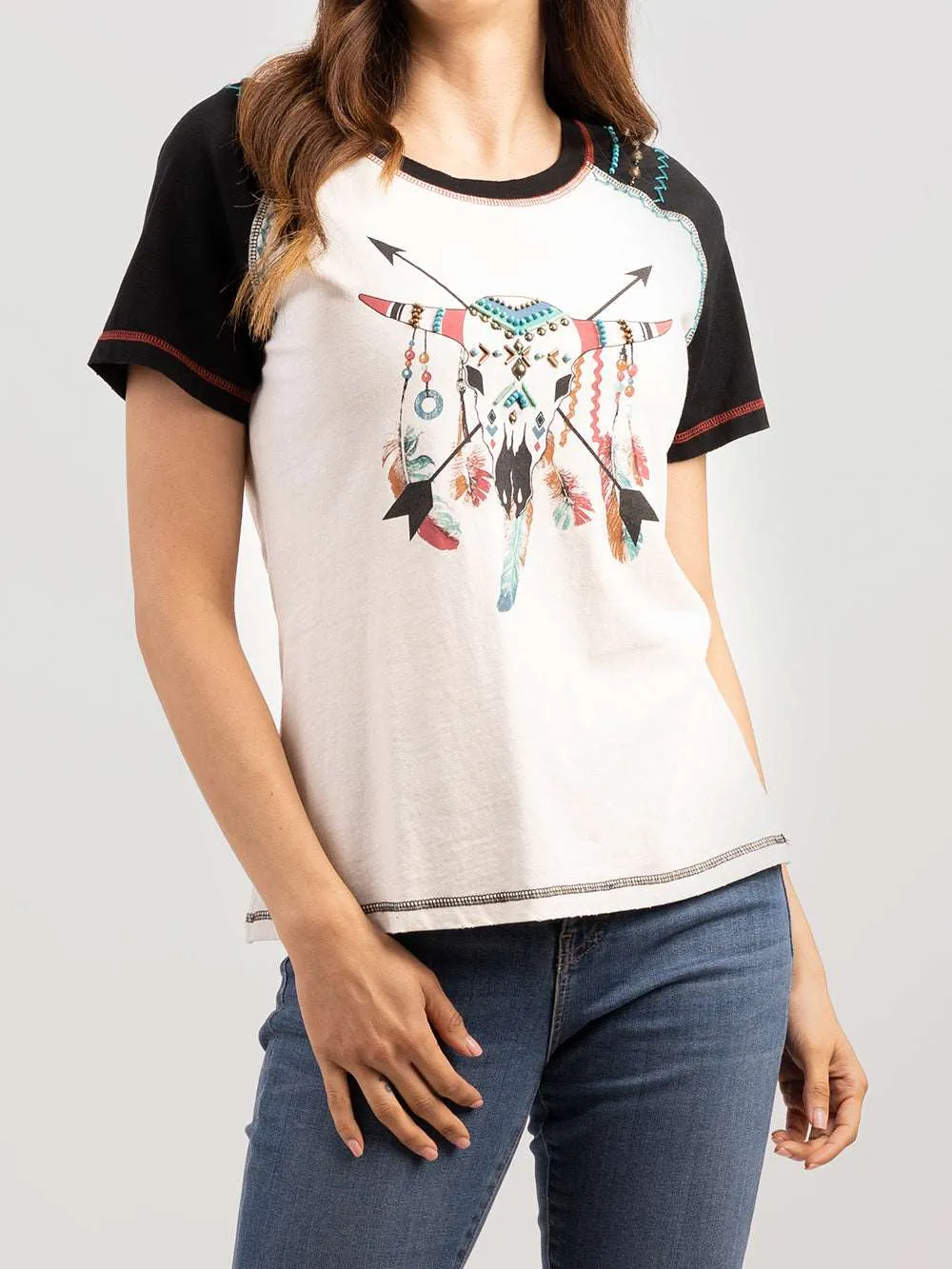 Delila Women Washed Bull Tee With Beads