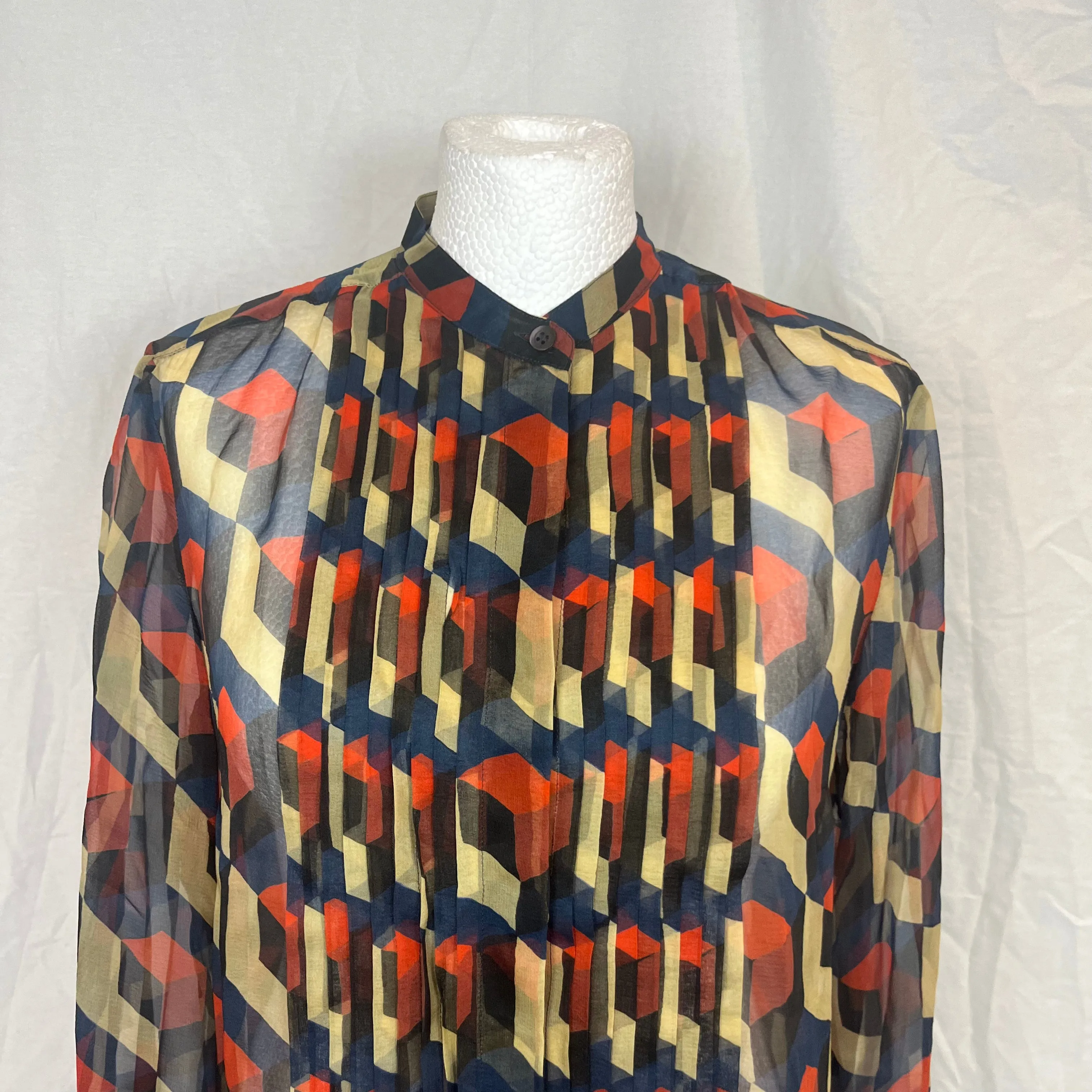 Dries Van Noten Navy & Orange Geometric Print Silk Chiffon Blouse M