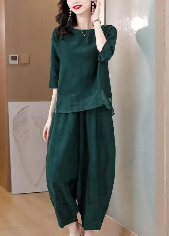 Elegant Green Oversized Patchwork Linen Two Pieces Set Spring HA1023