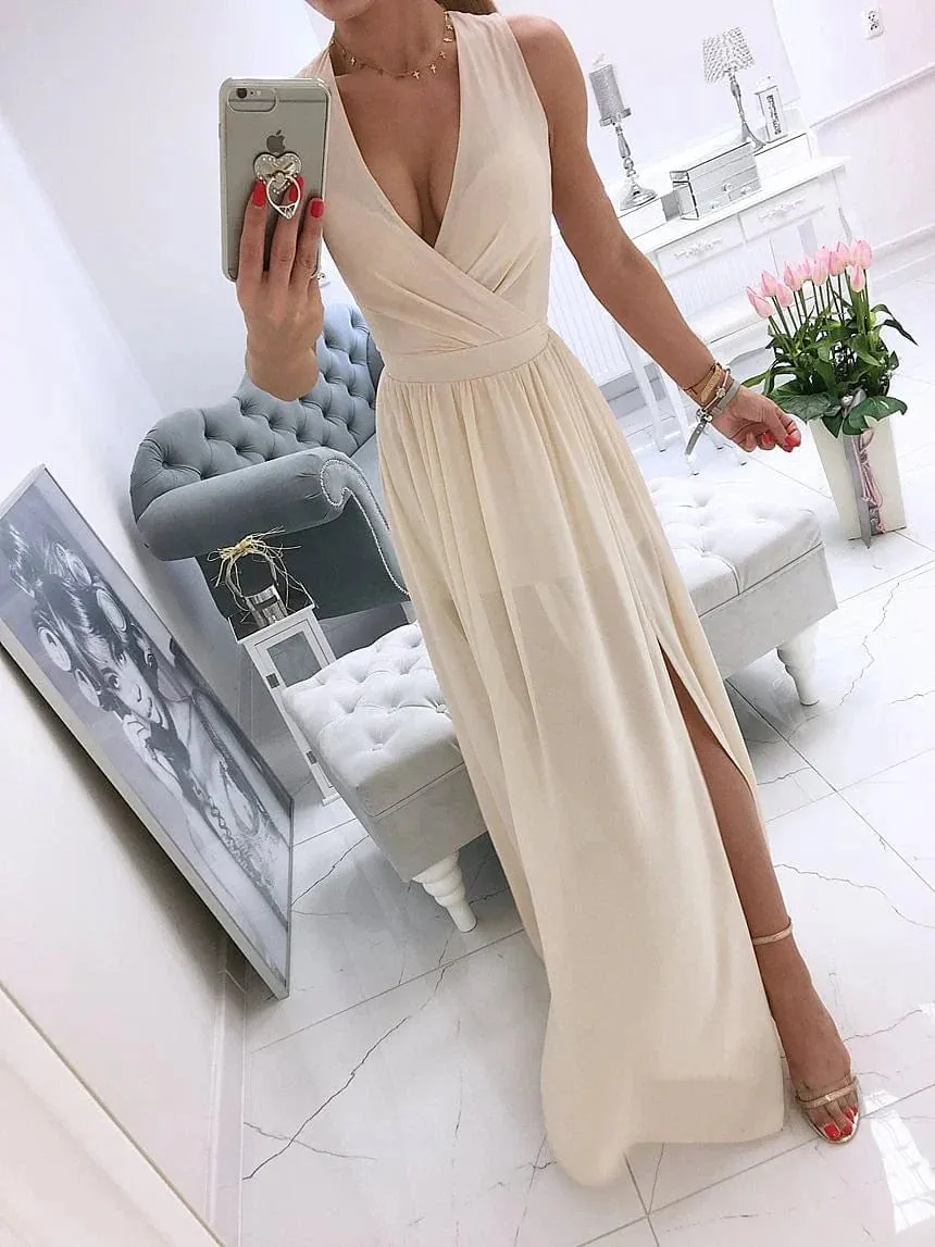 Elegant Sleeveless V-Neck Maxi Dress for Women - Ideal for Spring and Summer Events