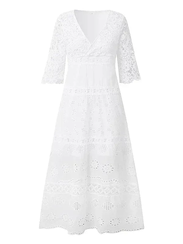 Elegant White Lace Maxi Dress with V-Neck and 3/4 Sleeves - Sizes S-XXL