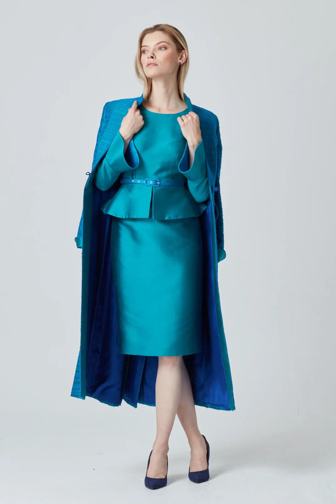 Emerald and Teal Silk Peplum Dress with Fluted Cuffs - Catherine