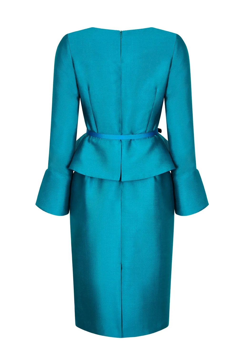 Emerald and Teal Silk Peplum Dress with Fluted Cuffs - Catherine