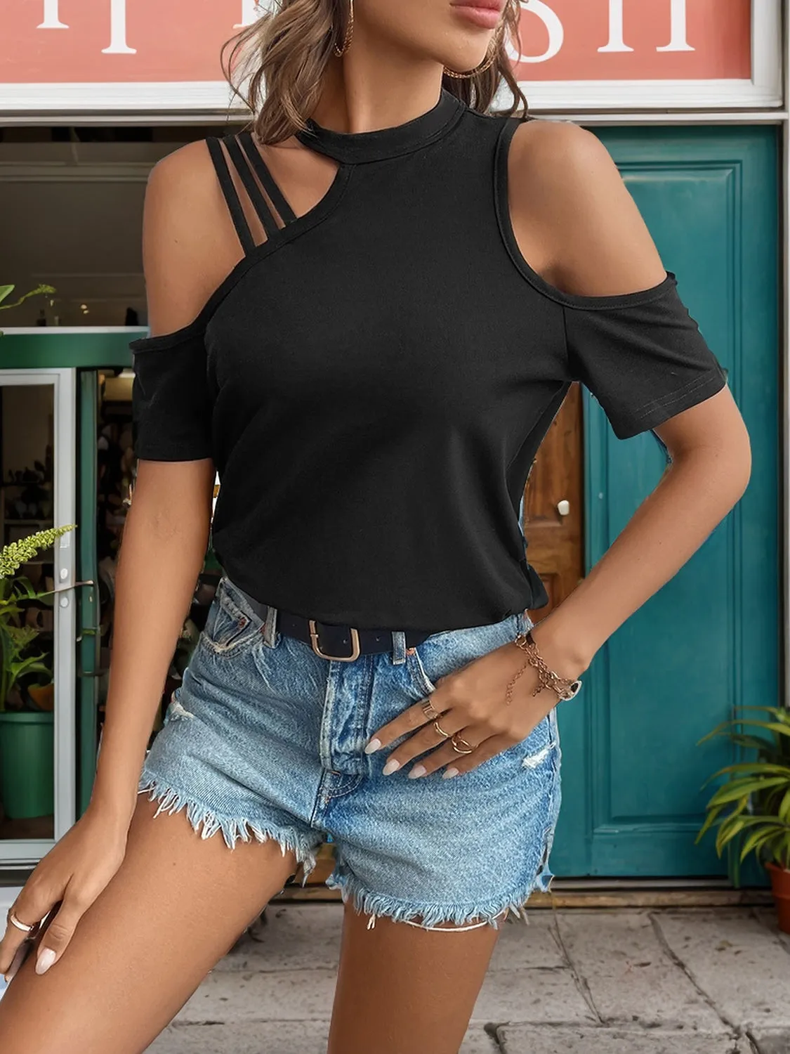 Explore More Collection - Asymmetric Cold Shoulder Short Sleeve T-Shirt