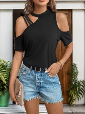 Explore More Collection - Asymmetric Cold Shoulder Short Sleeve T-Shirt