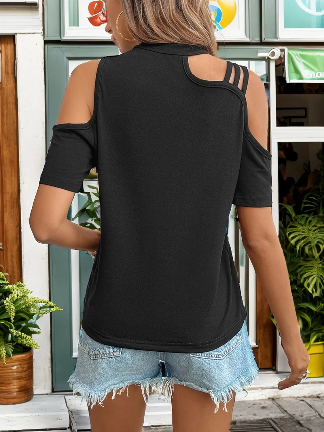 Explore More Collection - Asymmetric Cold Shoulder Short Sleeve T-Shirt