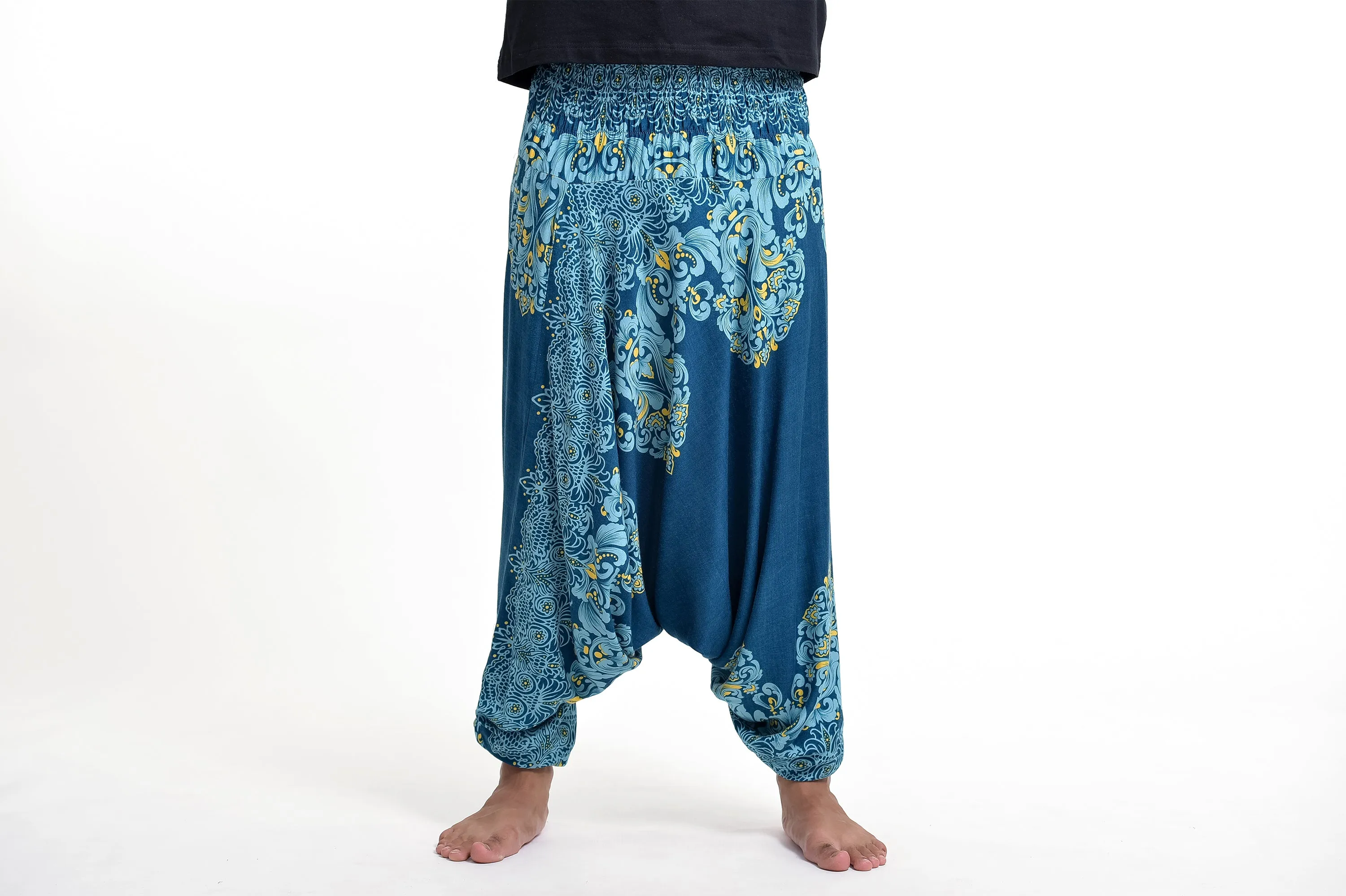 Floral Vines Drop Crotch Men's Harem Pants in Turquoise