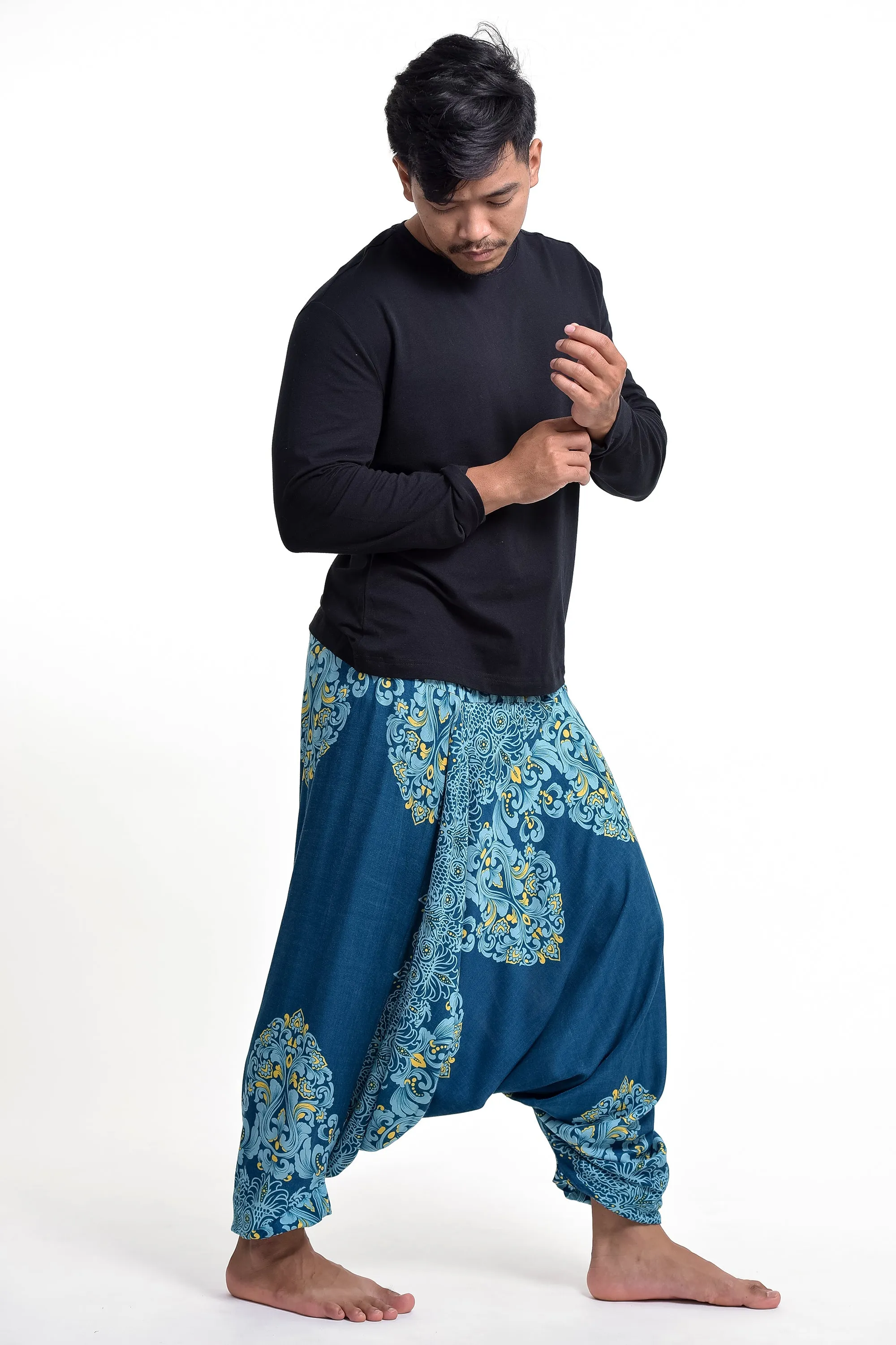 Floral Vines Drop Crotch Men's Harem Pants in Turquoise