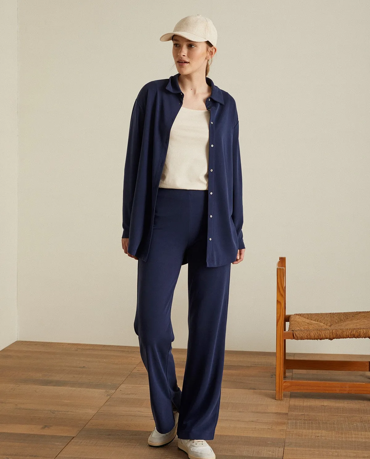 Fluid Wide Leg Trousers - Navy