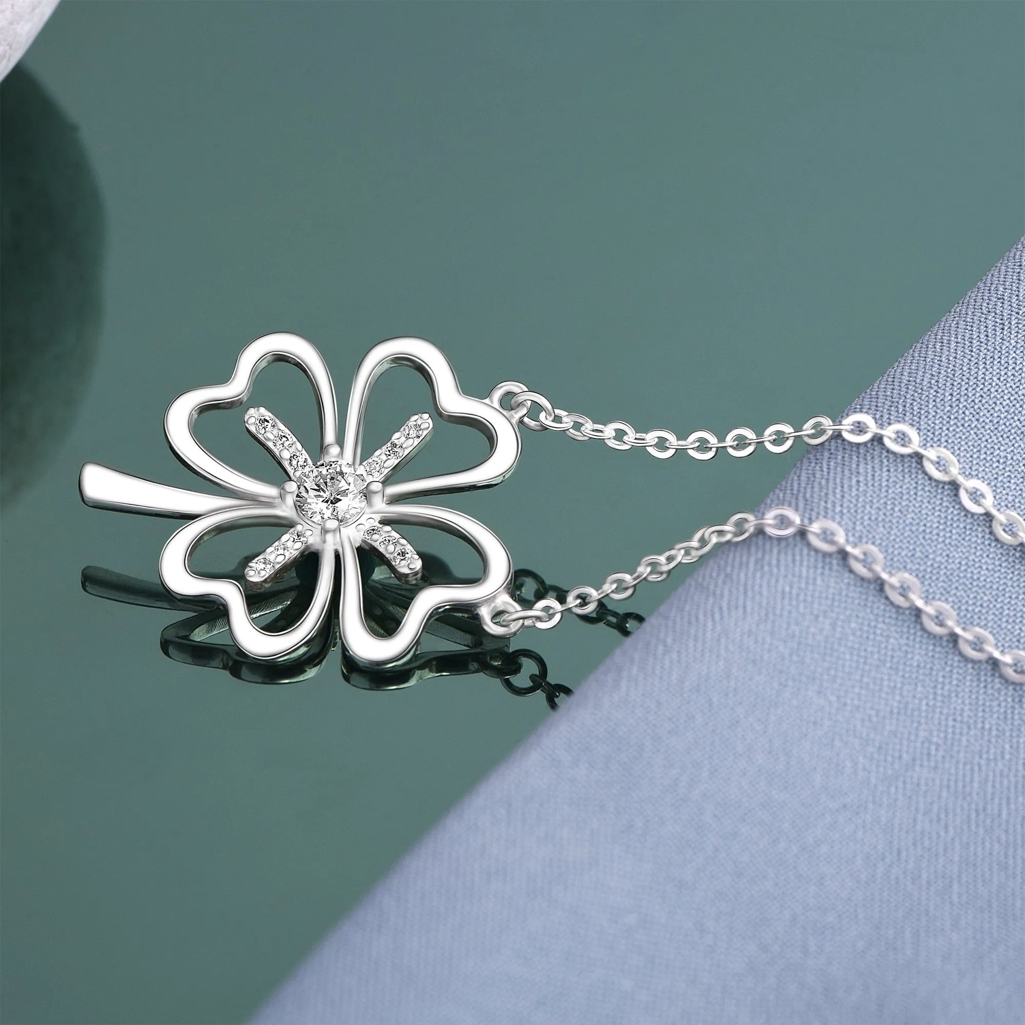 Four Leaf Clover Necklace Silver CZ Clover Lucky Charm