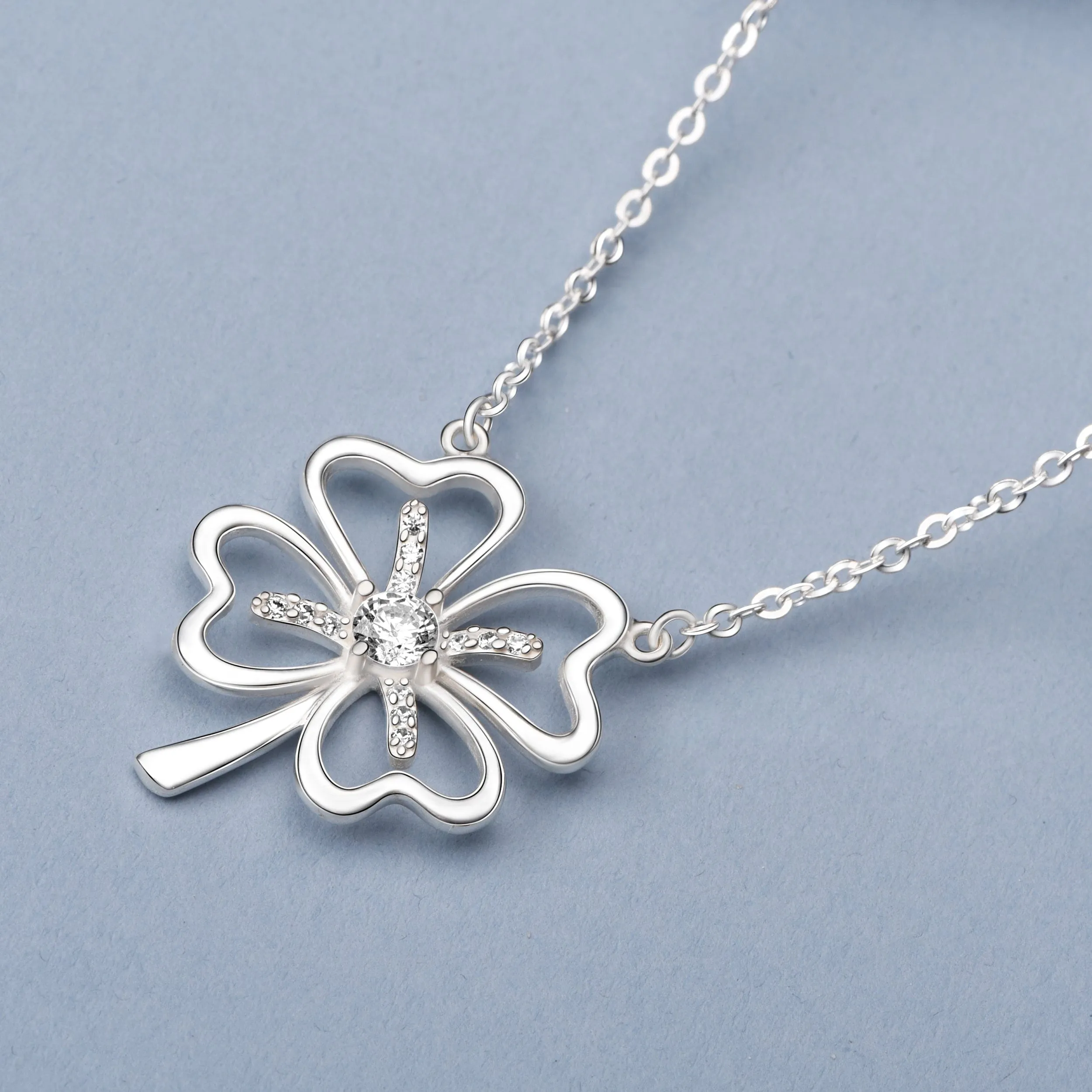 Four Leaf Clover Necklace Silver CZ Clover Lucky Charm