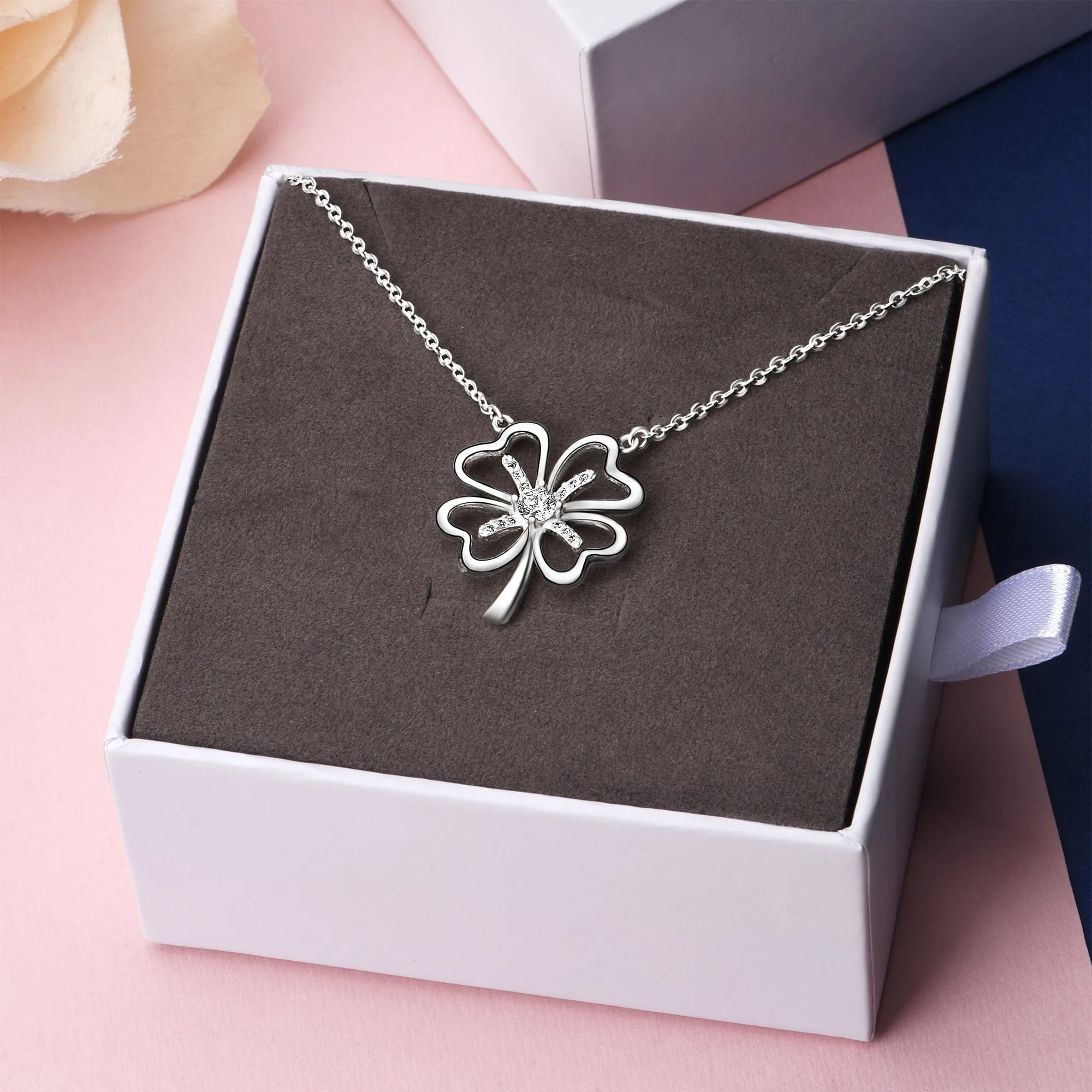 Four Leaf Clover Necklace Silver CZ Clover Lucky Charm