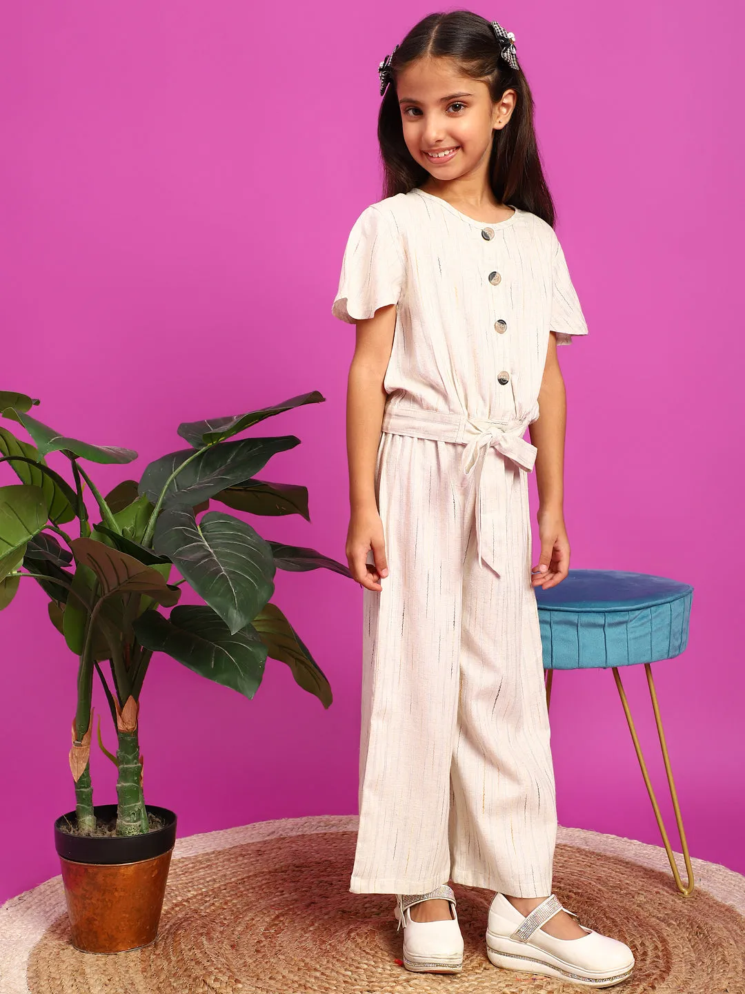 Girls Cream Rayon Slub Top With Palazzo Co-Ord Set