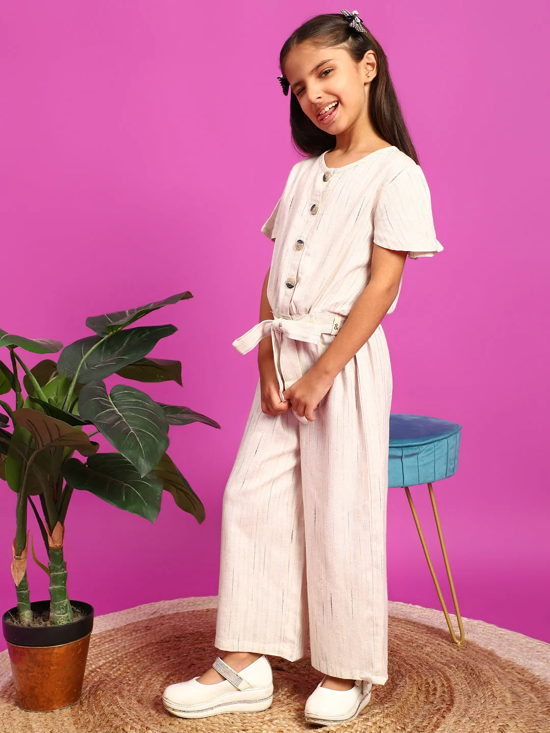 Girls Cream Rayon Slub Top With Palazzo Co-Ord Set