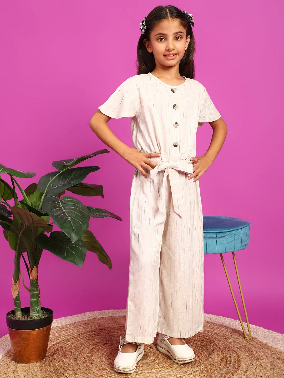 Girls Cream Rayon Slub Top With Palazzo Co-Ord Set