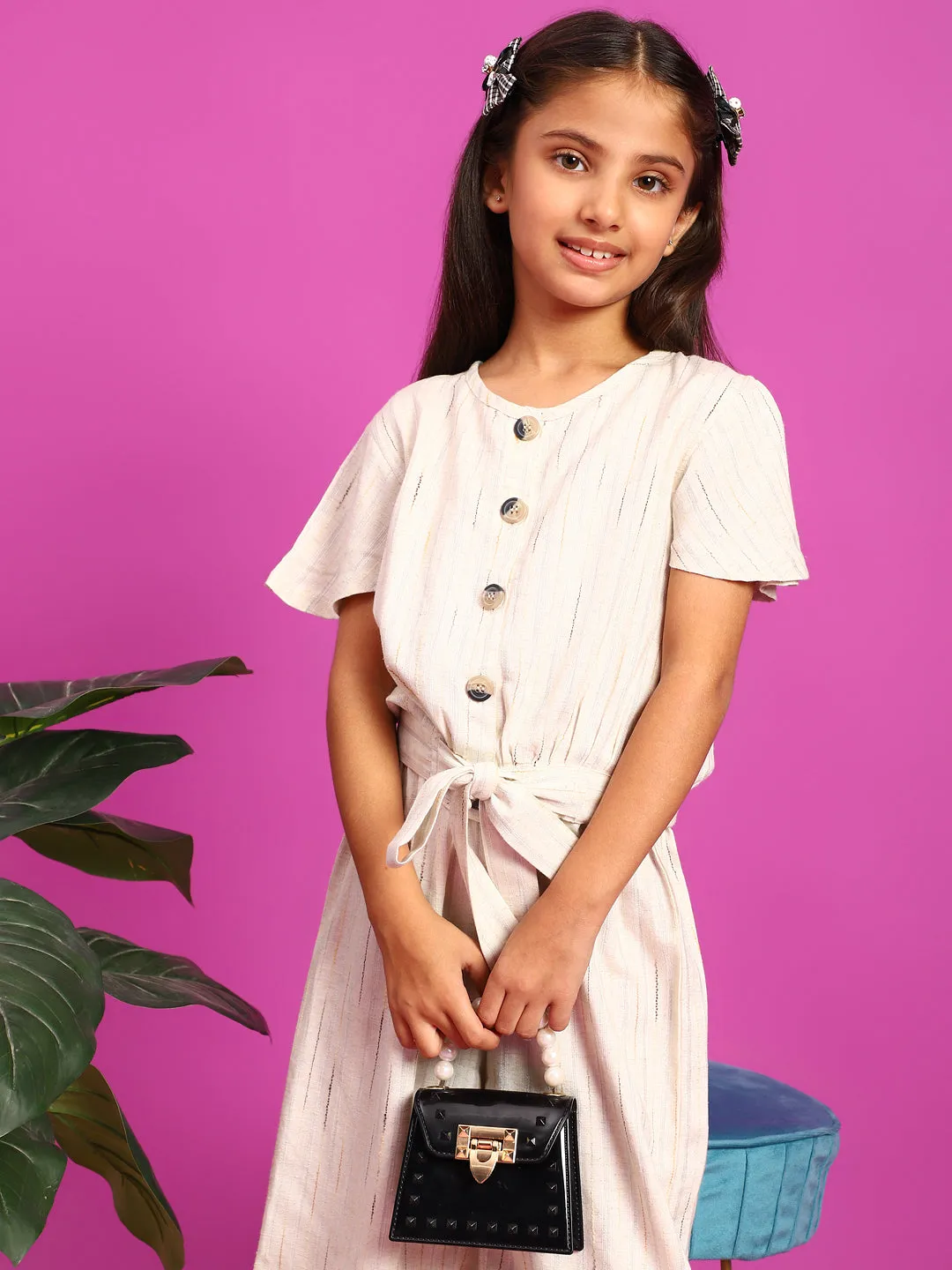 Girls Cream Rayon Slub Top With Palazzo Co-Ord Set