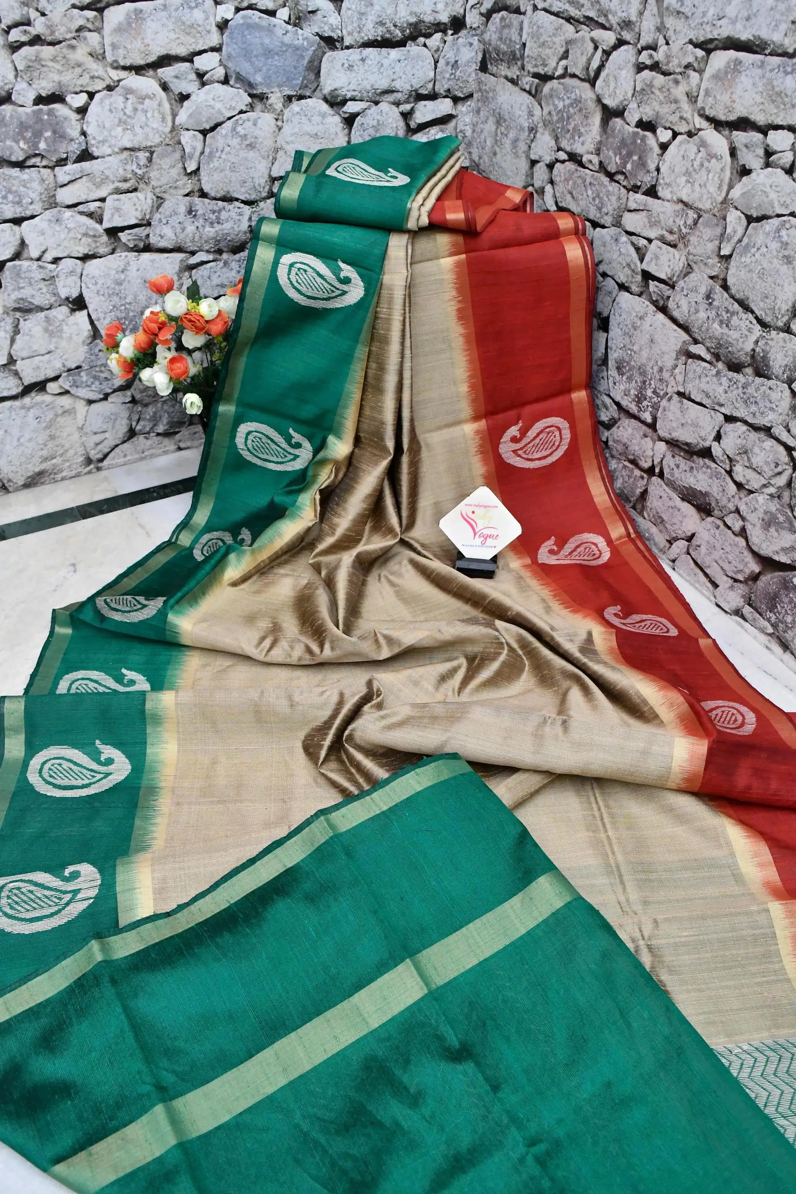 Golden Tussar Color Pure Raw Silk Saree wuth Ganga Jamuna Border