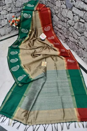 Golden Tussar Color Pure Raw Silk Saree wuth Ganga Jamuna Border