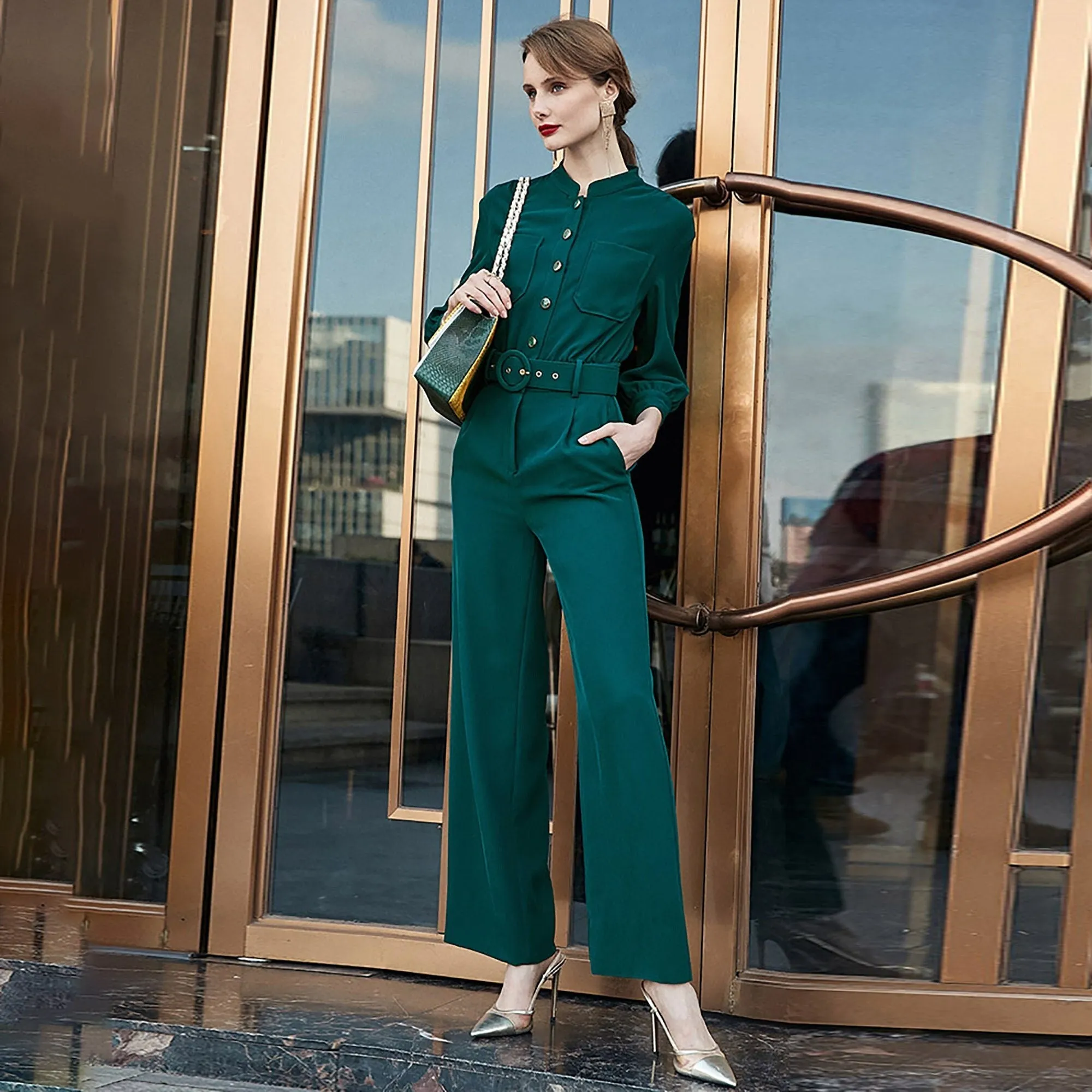 Green Single Breasted Buckle Belt Jumpsuit