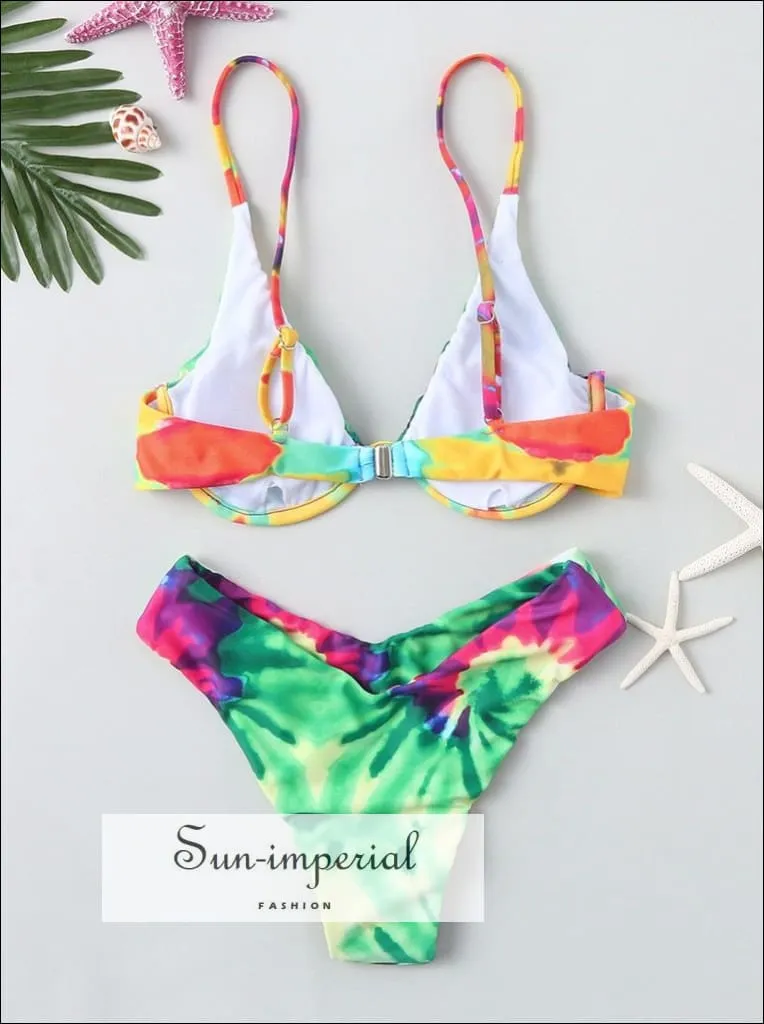 Green Tie Dye Plunge Underwire Bikini Set - Multi-c