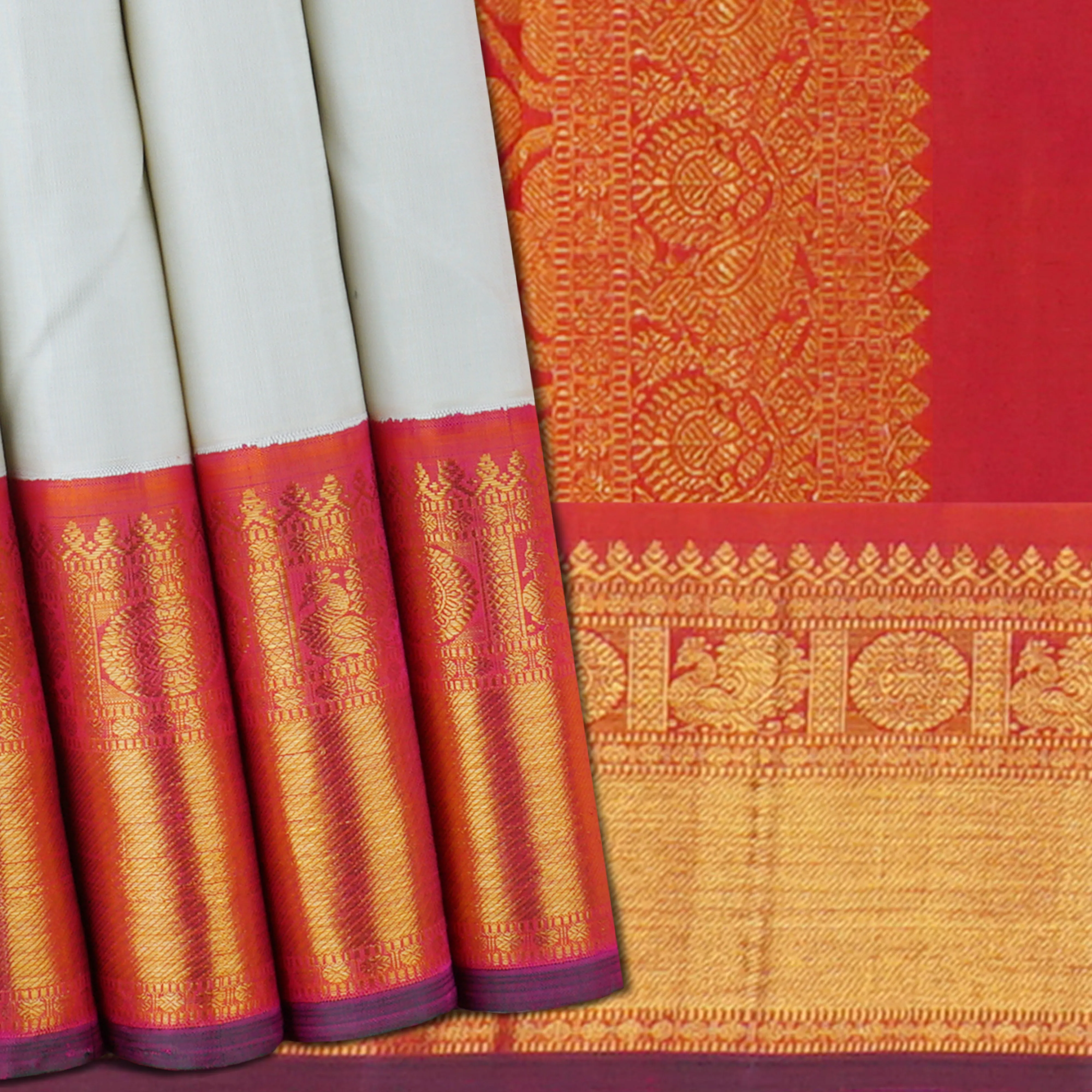 Handwoven Off-white with Orange and Pink shot Kanjivaram Silk Saree - 1525T004898DSC