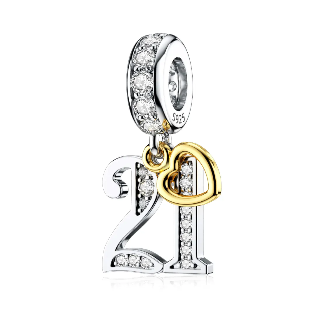 Happy Birthday! Birthday Celebration Heart Dangle Charm in Two Tone 925 Sterling Silver