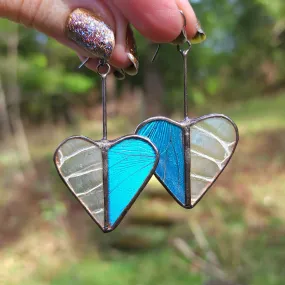 Iridescent Blue Butterfly & Snakeshed Heart Variations Earrings