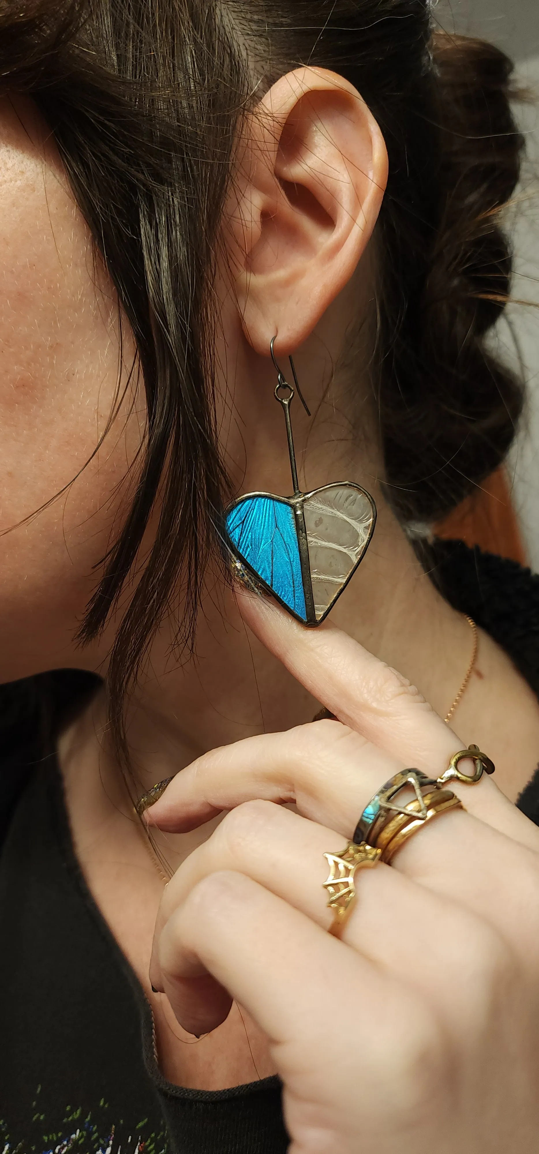 Iridescent Blue Butterfly & Snakeshed Heart Variations Earrings