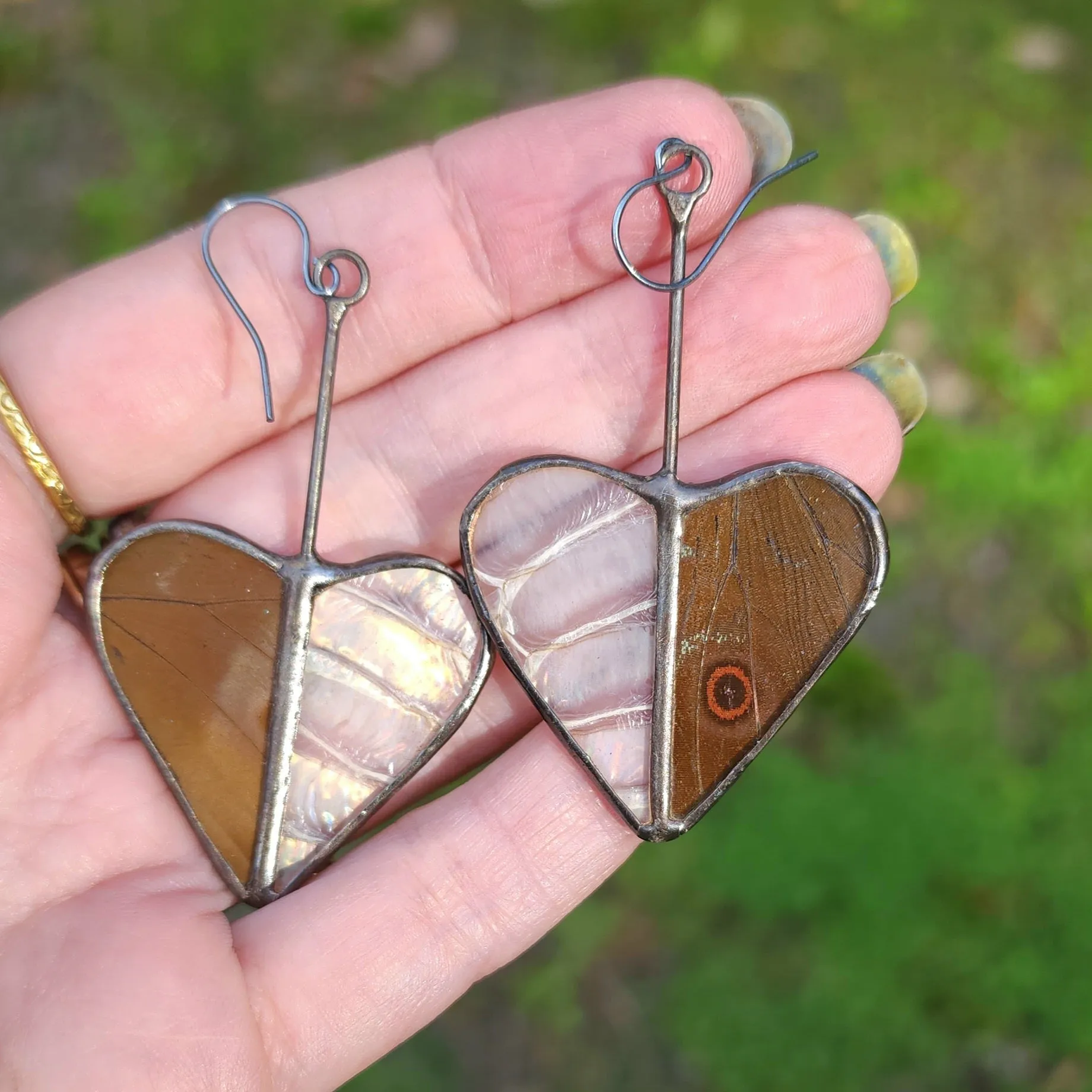 Iridescent Blue Butterfly & Snakeshed Heart Variations Earrings