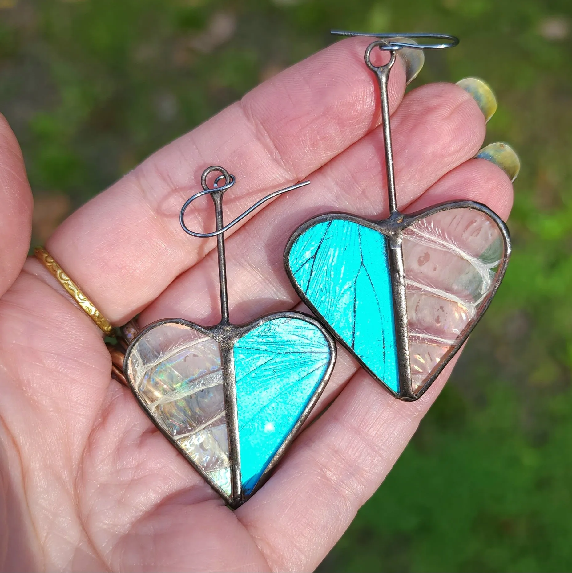 Iridescent Blue Butterfly & Snakeshed Heart Variations Earrings