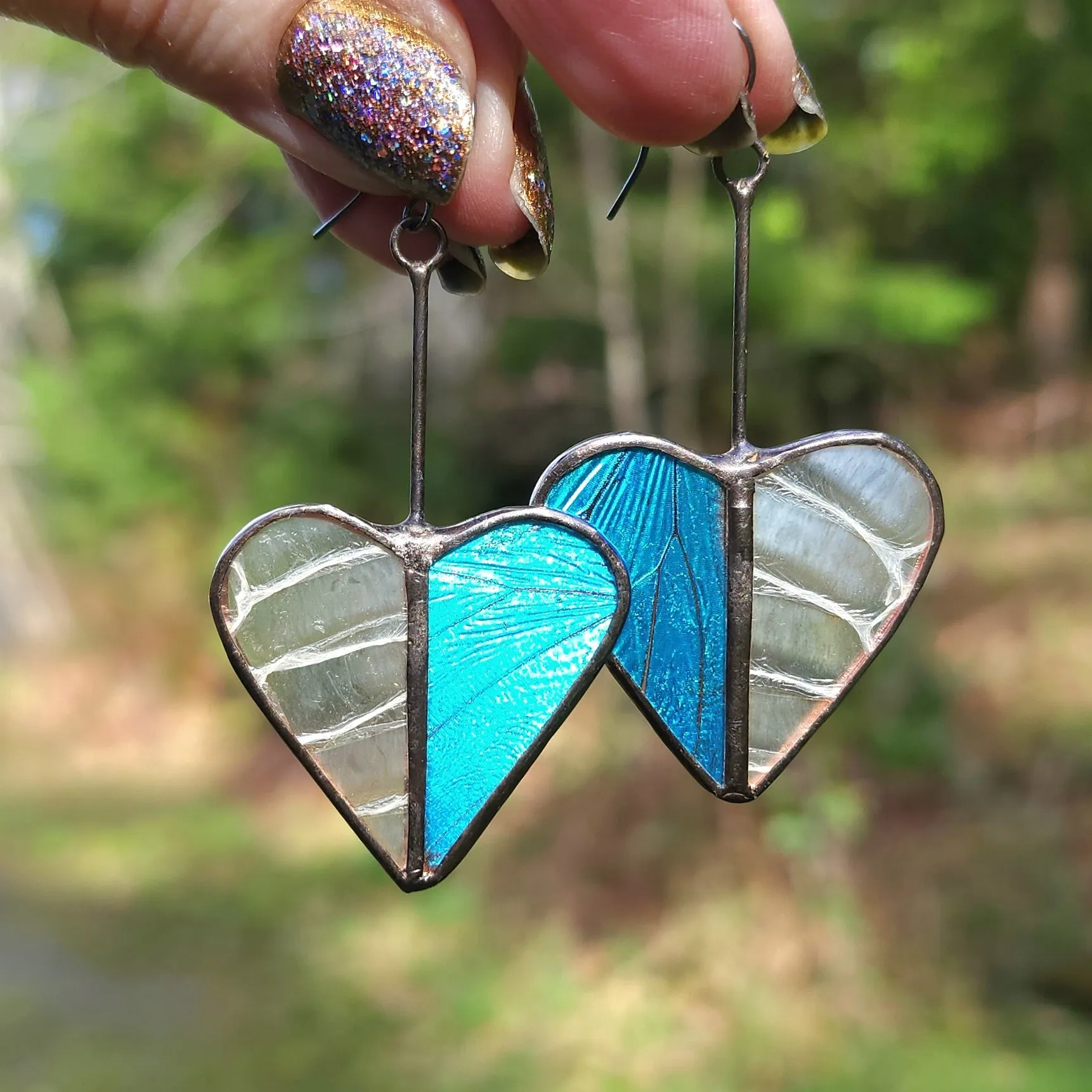 Iridescent Blue Butterfly & Snakeshed Heart Variations Earrings