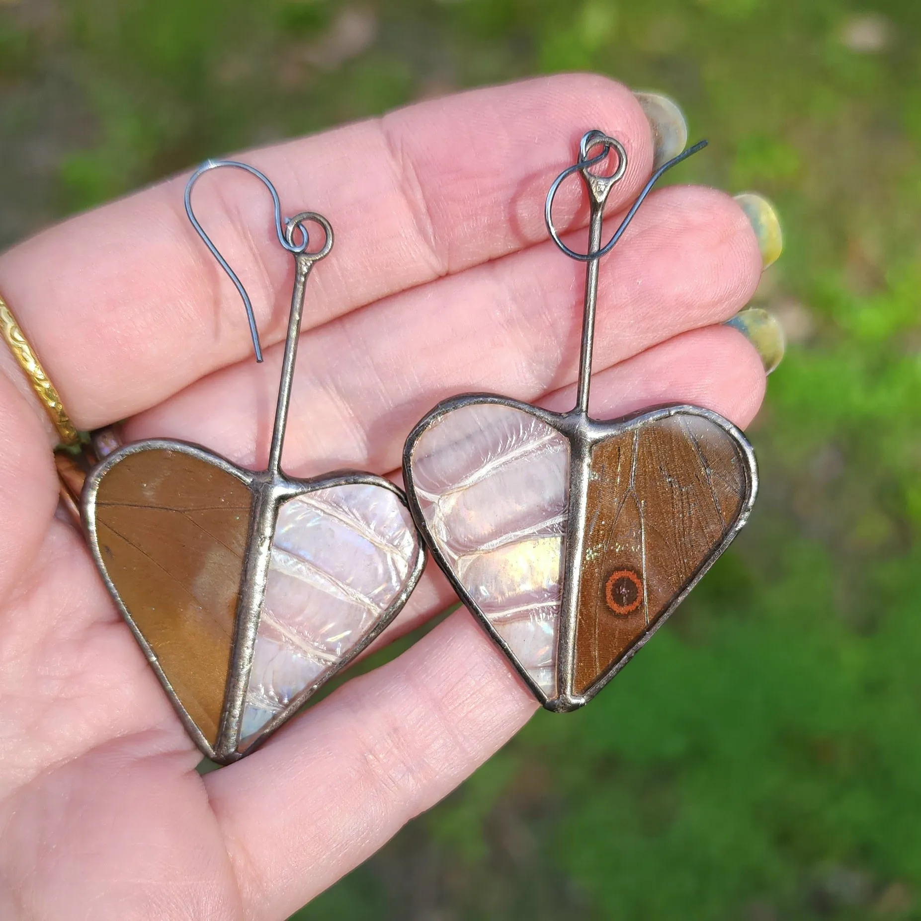 Iridescent Blue Butterfly & Snakeshed Heart Variations Earrings